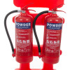 Closeup of rotationally moulded double extinguisher trolley showing two powder fire extinguishers with hoses