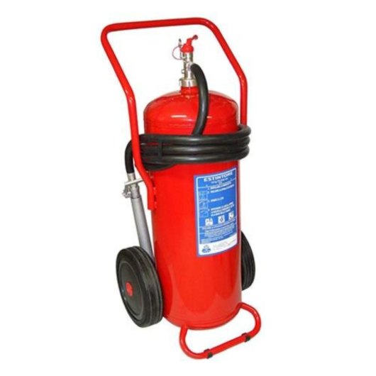 Angled view of a red 50kg wheeled powder fire extinguisher with black hose wrapped around the top handle