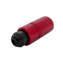 Angled view of a red pump gauge tester with black nozzle
