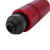 Detailed close-up of the black nozzle end of a red pump gauge tester