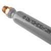 Angled view of a grey co2 55g pvc coated cartridge with brass valve and printed markings on the side