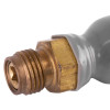 Close up of the threaded end of a co2 55g pvc coated cartridge showing the metal thread and hexagonal brass fitting