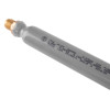 Angled view of a co2 75g pvc coated cartridge with a grey body and brass valve end with printed text on the side