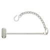 Front view of a metal hammer and chain for keybox showing the hammer head, handle, and attached chain