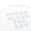 a close up view of the text on the replacement glass BREAK GLASS FOR KEY