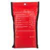 Back of a firechief economy fire blanket in red packaging with folding instructions and black trim