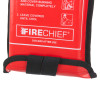 Bottom part of a red firechief economy fire blanket pouch with black strap and printed instructions
