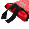 Close-up of the black tabs on the red firechief economy fire blanket packaging