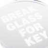 a close up angled view of the text shown on the replacement plastic windows BREAK GLASS FOR KEY