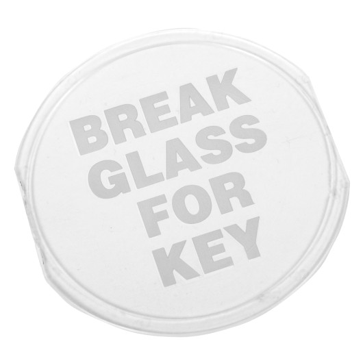 Front view of a spare plastic cover for keybox with the text break glass for key visible in bold letters