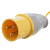 Yellow and grey plug from hispec site light linkable festoon kit 22m showing three round pins seen close up