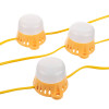 Close-up of three yellow hispec site light linkable festoon kit lights connected by a yellow cable on a white background