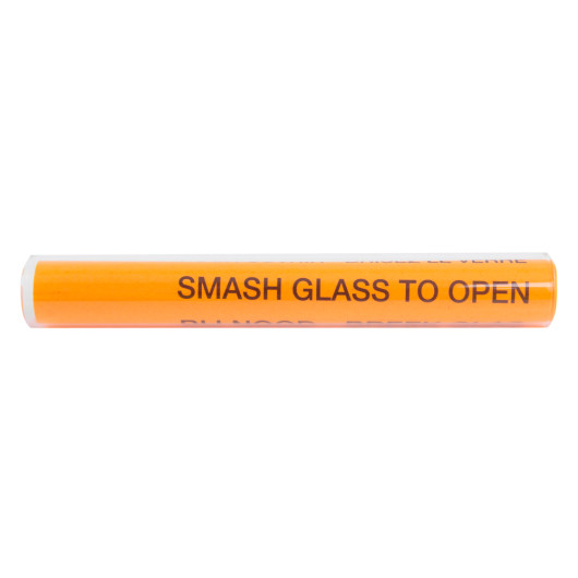 Front view of a panic bolt glass tube single with orange colour and black text visible on the surface
