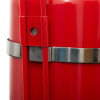 Back view of a 2 kg ltr stainless steel strap on extinguisher showing the red body and metal strap detail