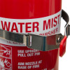 Close-up of a 2 kg ltr stainless steel strap fitted around a red fire extinguisher labeled Water Mist