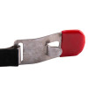 Close-up of the buckle on a 2 kg ltr stainless steel strap with a red plastic end cover