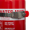 Close-up of 2 kg ltr stainless steel strap fastened tightly around a red fire extinguisher labeled water mist