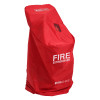 Red 100kg wheeled fire extinguisher cover shown from an angled view with label and window on the front