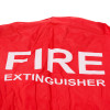 Close-up detail of red wheeled fire extinguisher cover 100kg showing the white text fire extinguisher on the fabric