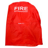 Front view of a red wheeled fire extinguisher cover 100kg with white text saying FIRE EXTINGUISHER