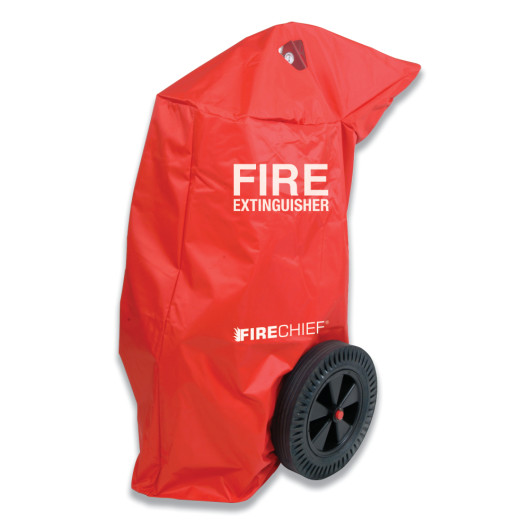 Red 50kg wheeled fire extinguisher cover shown at an angled view with large black wheel visible on white background
