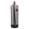 Side view of a silver firechief 9l water extinguisher with a black hose attached on a white background