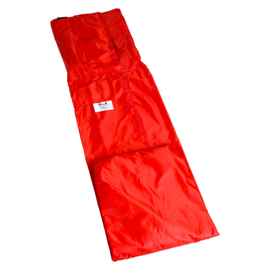 Unrolled bright red evacuation sheet for active mattress air mattress lying flat on a white background