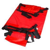 harvest healthcare evacuation sheet unrolled flat showing red fabric with black straps on a white background