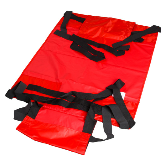 harvest healthcare evacuation sheet unrolled flat showing red fabric with black straps on a white background