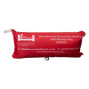 Front view of the evacuation sledge with wall mounted storage bag in bright red with printed white text and logo