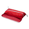Opened evacuation sledge with wall mounted storage bag showing the red fabric interior and white trim