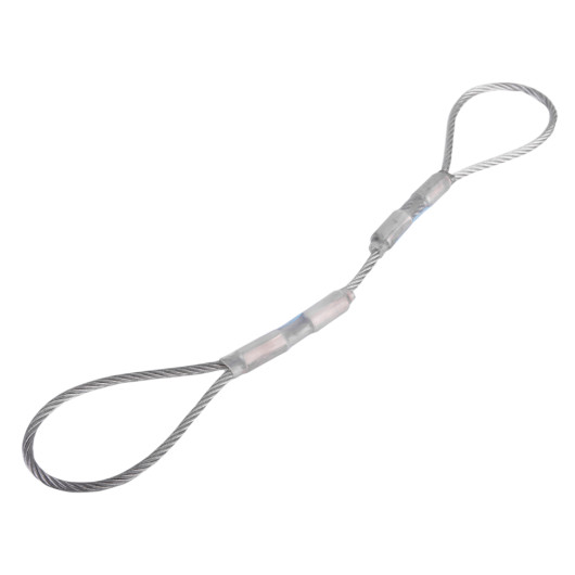 Angled view of a 50cm steel cable anchorage sling with loops on both ends and metal crimps in the middle