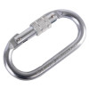 angled close-up view of a steel screw gate karabiner showing the metal body and screw locking mechanism