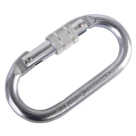 angled close-up view of a steel screw gate karabiner showing the metal body and screw locking mechanism