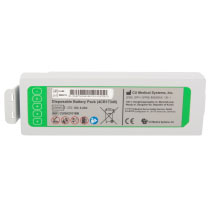 A white replacement defibrillator battery with a green label