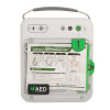 A white defibrillator with green markings and a black 
