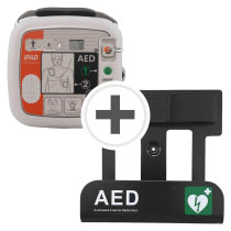 A white defibrillator with a black wall bracket