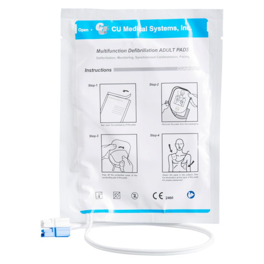 White pack of adult multifunction defibrillation pads with step‑by‑step diagrams and an attached cable emerging from the bottom.