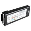 Rectangular disposable medical battery pack with printed technical specifications, warnings, and certification symbols.