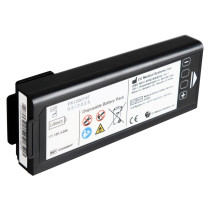 Rectangular disposable medical battery pack with printed technical specifications, warnings, and certification symbols.