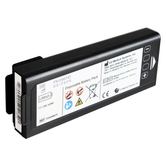 Rectangular disposable medical battery pack with printed technical specifications, warnings, and certification symbols.