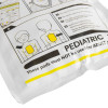 Packaging for paediatric AED pads showing illustrated chest‑and‑back pad placement for children.