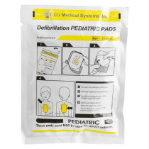 White and yellow pack of paediatric defibrillation pads with four illustrated steps for opening, peeling, and applying the pads.