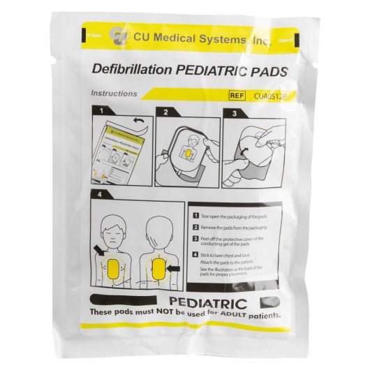White and yellow pack of paediatric defibrillation pads with four illustrated steps for opening, peeling, and applying the pads.