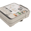 Front view of CU Medical Systems iPAD AED showing power and shock buttons, pad placement diagrams for adults and children, and emergency icons for CPR and help