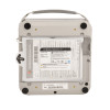 Underside of CU-SPR defibrillator showing model label, manufacturer details, CE marking, serial number, and safety warnings.