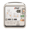 Full panel of iPAD AED showing buttons 1–3, pad placement diagrams for adults and children, speaker, and emergency icons.