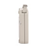 Side view of beige portable electronic device with strap and latch, possibly a camera or instant printer.
