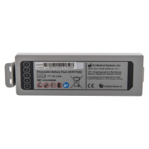 semi automatic defibrillator showing front side of a detachable disposable battery pack with labels and symbols