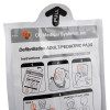 Closeup of adult and paediatric pads packaging for semi automatic defibrillator showing usage instructions